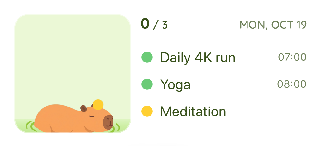 Medium CapyPlan widget: a capybara resting beside today's three tasks and the date