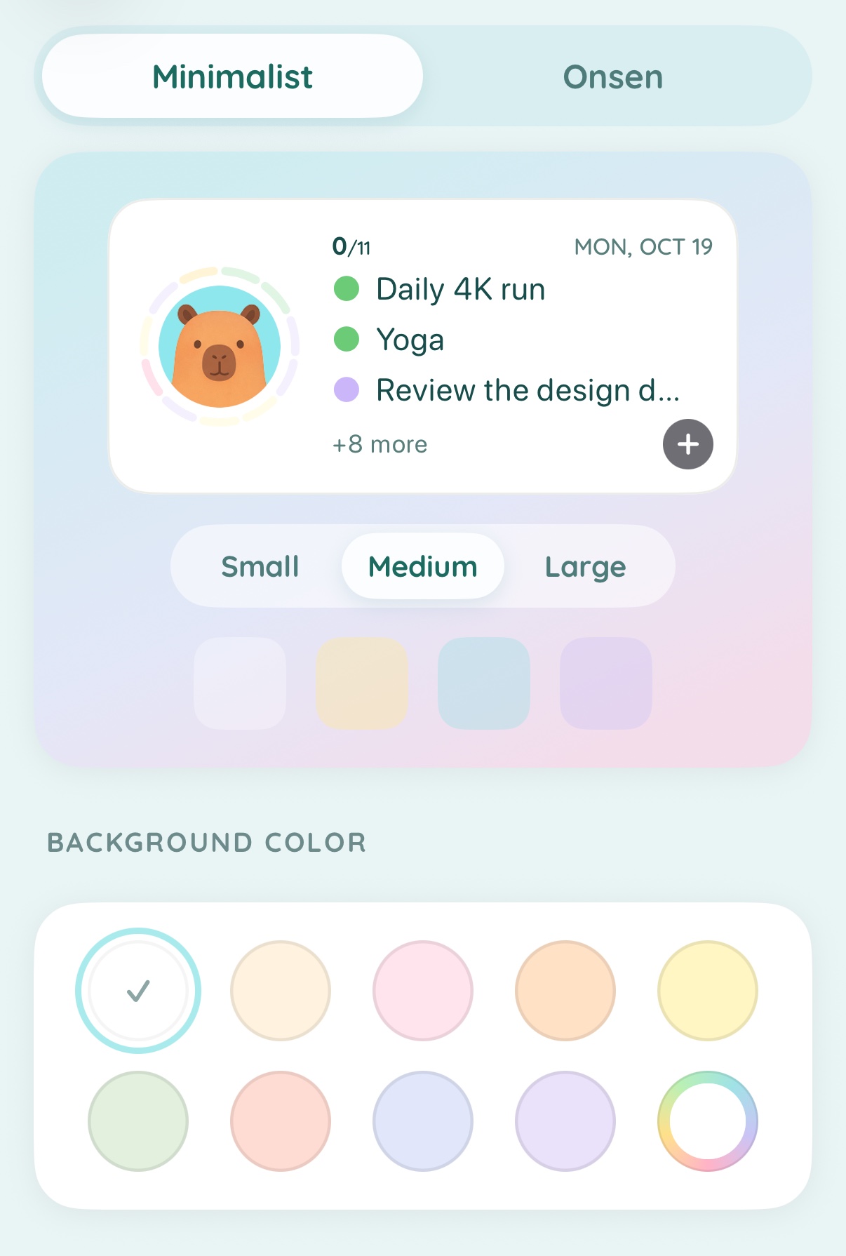 CapyPlan widget settings: medium widget preview, ten background colour swatches including a custom colour wheel, and a row of capybaras to choose from