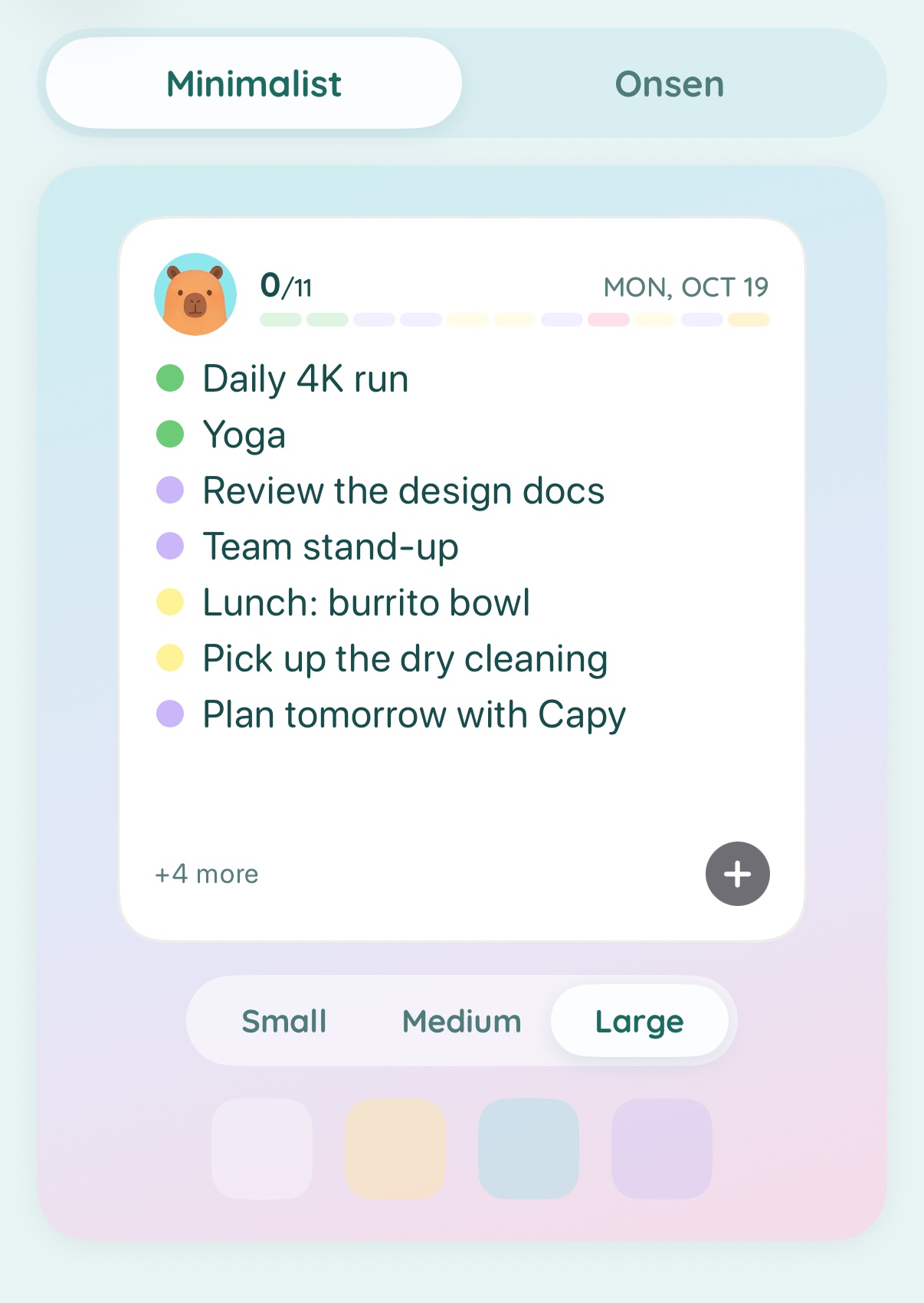 CapyPlan widget settings: a large Minimalist widget preview with Small, Medium and Large size options and a row of pastel background colours