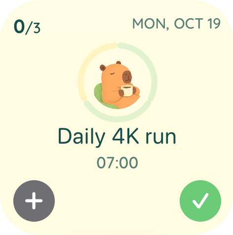 Small CapyPlan widget showing the next task, Daily 4K run at 07:00, with add and done buttons