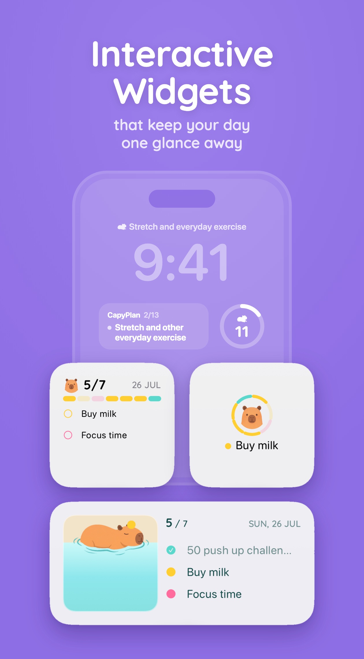 CapyPlan interactive widgets on a lock screen and home screen: next task, progress ring, task list, and a capybara soaking in the onsen